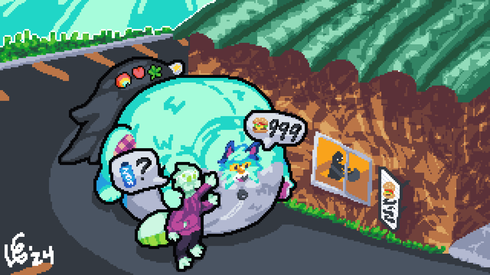 A large, round plushie bearcat and an anthropomorphic spider go through a drivethrough, notably without any conventional vehicle. The plushie orders 999 burgers and the spider orders an energy drink.