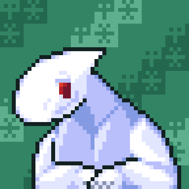 Pixel art portrait of a quite bulky robot. They are themed after an ice dragon, and are colored silver, with red eyes; their appearance would hardly be considered mechanical. Their arms appear to be resting on a surface, which is not seen in the image. Their left hand is covering their right hand, and they appear to be fidgeting, but otherwise their face shows a warm expression. The background is striped in a diagonal zig-zag pattern; every other stripe has glyphs resembling a hammer followed by a snowflake.