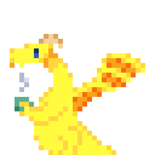 A yellow dragon, standing upright, is holding a mug of hot chocolate, from which steam is rising. Their wings are unfolded behind them.