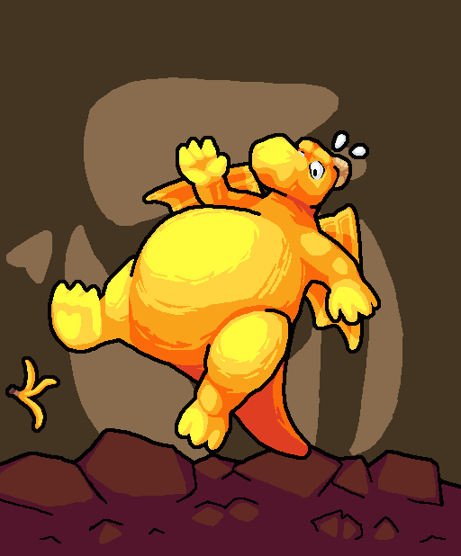 A large, chubby yellow dragon slips on a banana peel