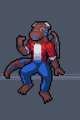 Pixel art of a brown anthropomorphic dragon, with an outfit consisting of blue jeans, a tank top, and a red flannel shirt. He is sitting on a ledge, with one hand planted beside him, the other pointing at his tongue, which is stuck out in a cheerful expression. Blue stripes are visible on his tail and arms, and he has some blue fuzz running down the side of his head.