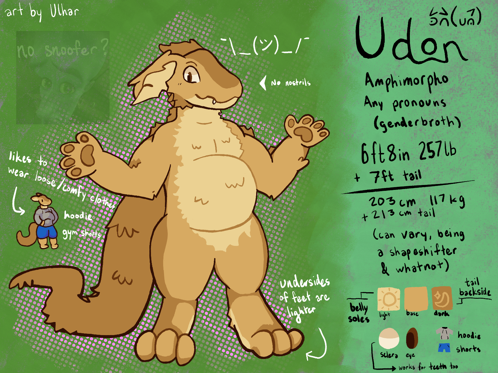 Reference sheet for a chubby amphimorpho named Udon. They seem very open and casual; their gesture is something between shrugging and offering a hug. They're very soft, and their tail is long