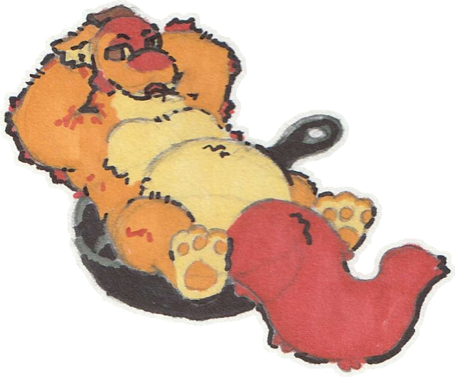 A fat noodle creature lounges in a skillet, showing a smug face with their arms behind their head