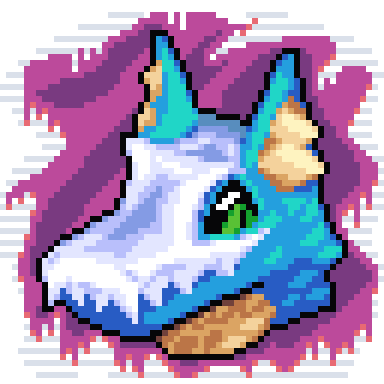 A pixel portrait of Var. She has blue fur, with light brown accents. Her usual protogen visor is replaced by a skull mask, covering her snout, cheeks, and forehead. Her eyes are green with black sclera.